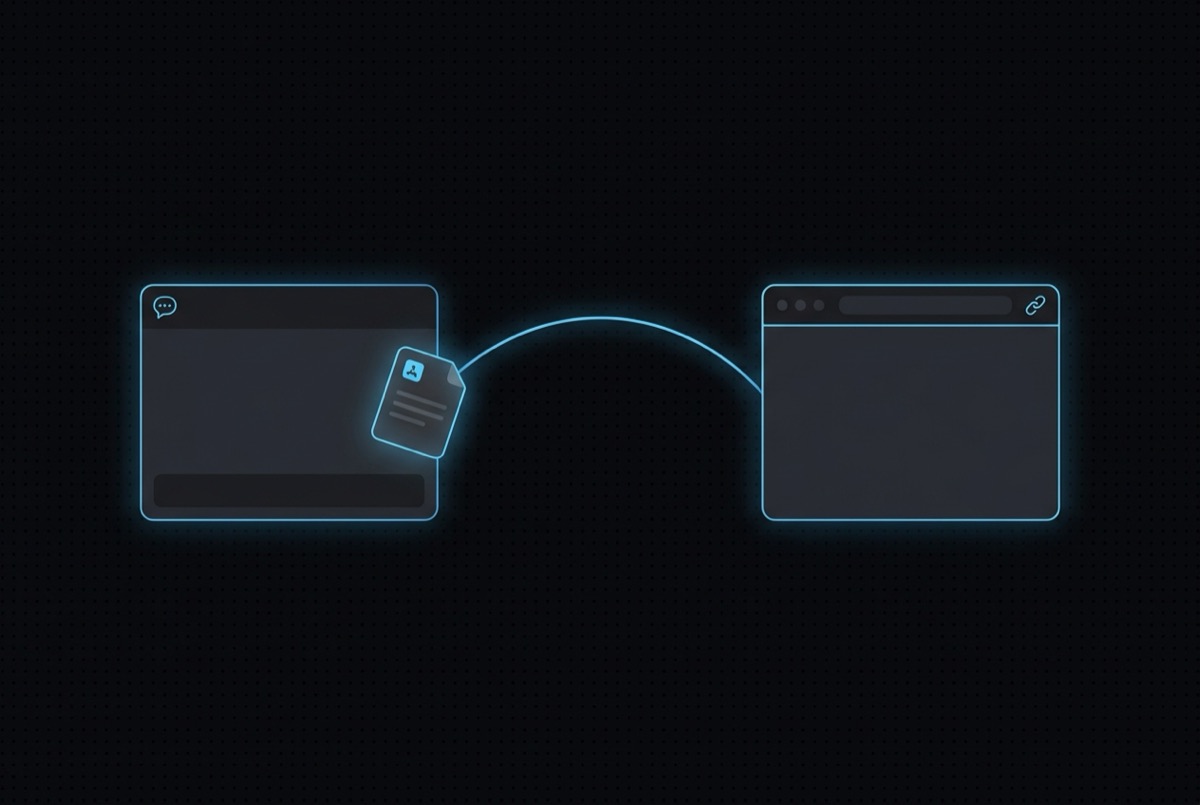 Dark illustration of a chat window handing a glowing document to a browser window with a link icon